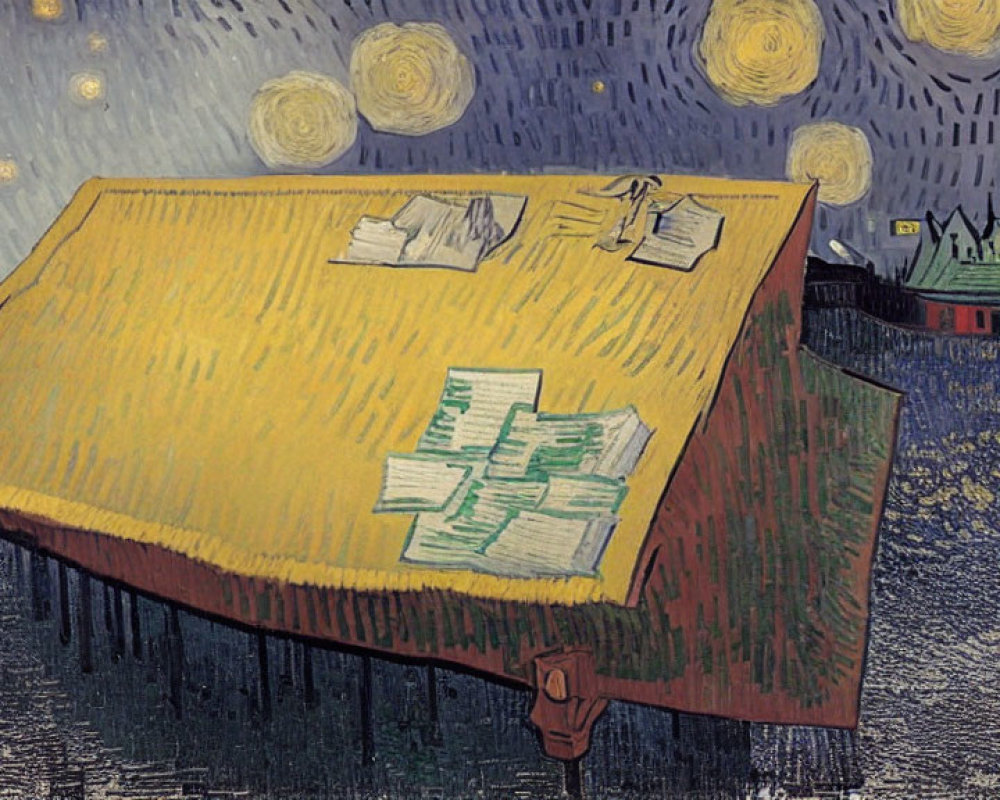 Whimsical illustration: "Starry Night" meets yellow school desk