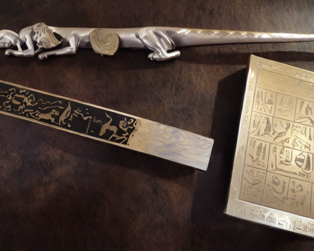 Ornate decorative sword with matching scabbard and Arabic calligraphy plaque