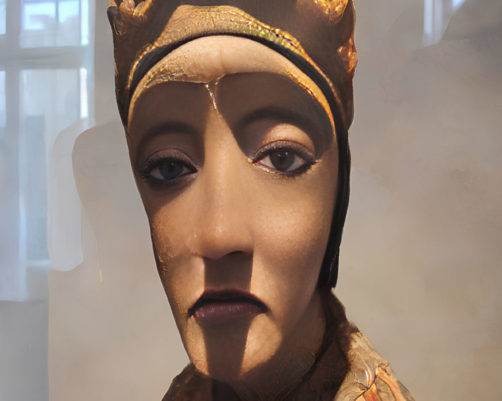 Hyperrealistic sculpture of person with fabric head wrap and patterned clothing symbolizing historical or cultural significance