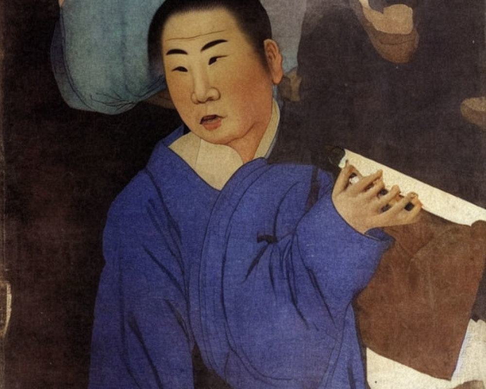 Traditional Asian Painting of Person in Blue Attire Holding Fan