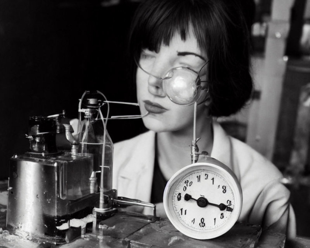 Monochrome image of scientist in lab coat conducting experiment