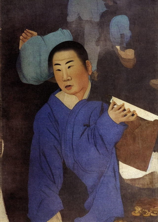 Traditional Asian Painting of Person in Blue Attire Holding Fan