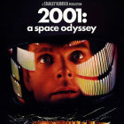 Futuristic poster featuring '2001' in large font with astronaut's helmet, spacewalk reflection