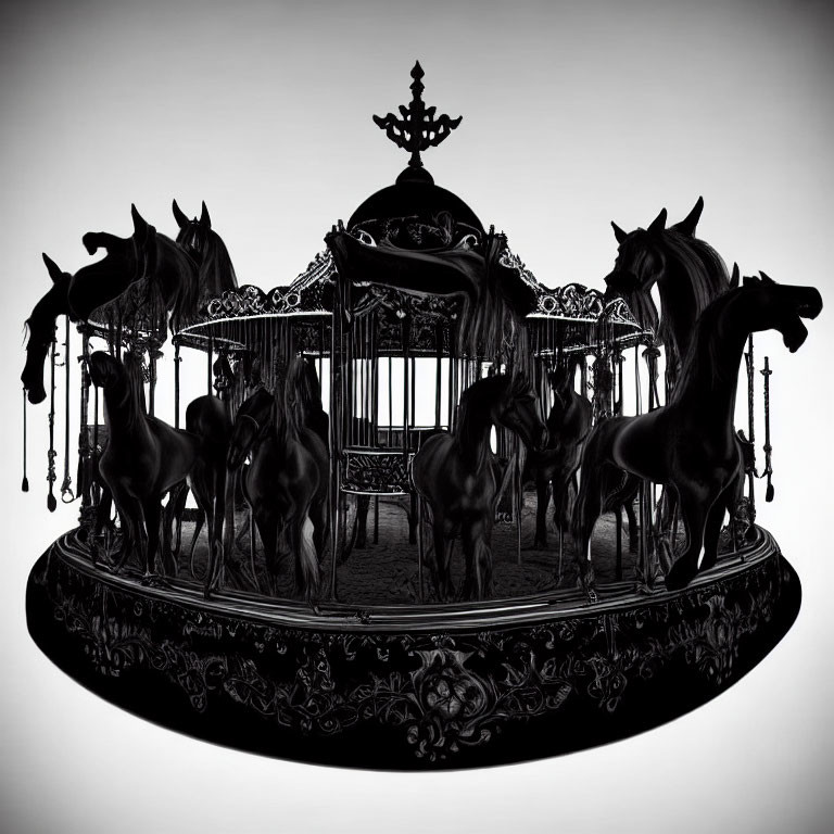 Monochrome Carousel Silhouette with Ornate Horse Figures