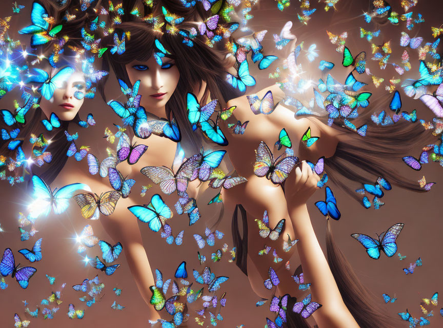 Ethereal women with blue and purple butterflies on warm brown backdrop