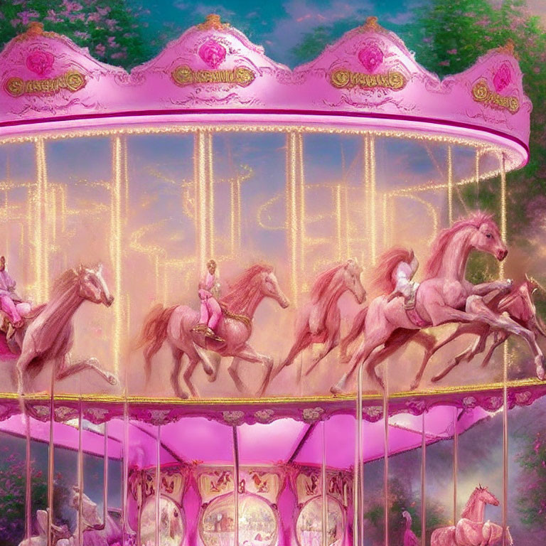 Pastel Pink Carousel with Ornate Horses in Dreamy Landscape
