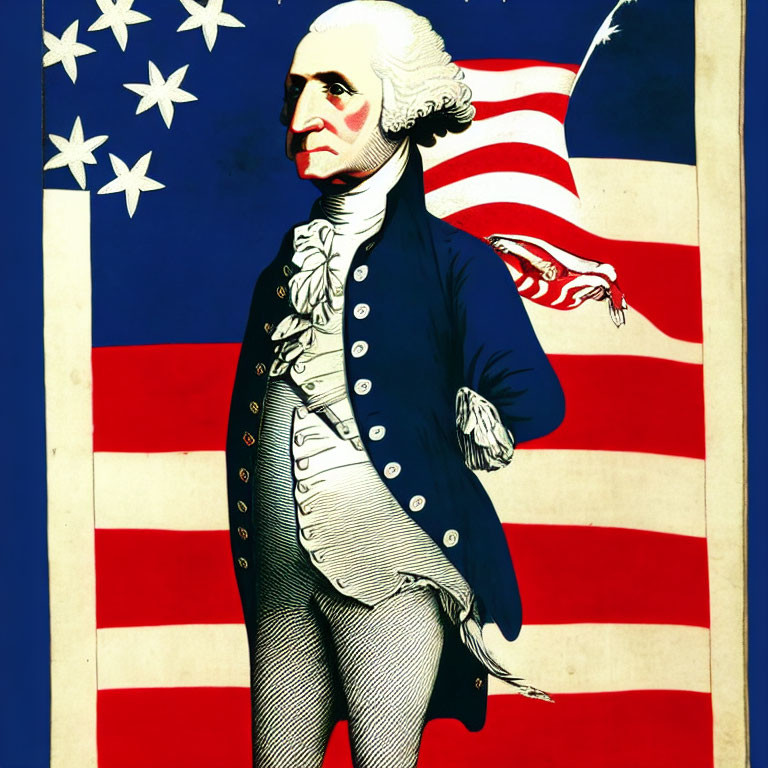 Vintage Illustration of Historical Figure in Colonial Attire with American Flag and 13 Stars