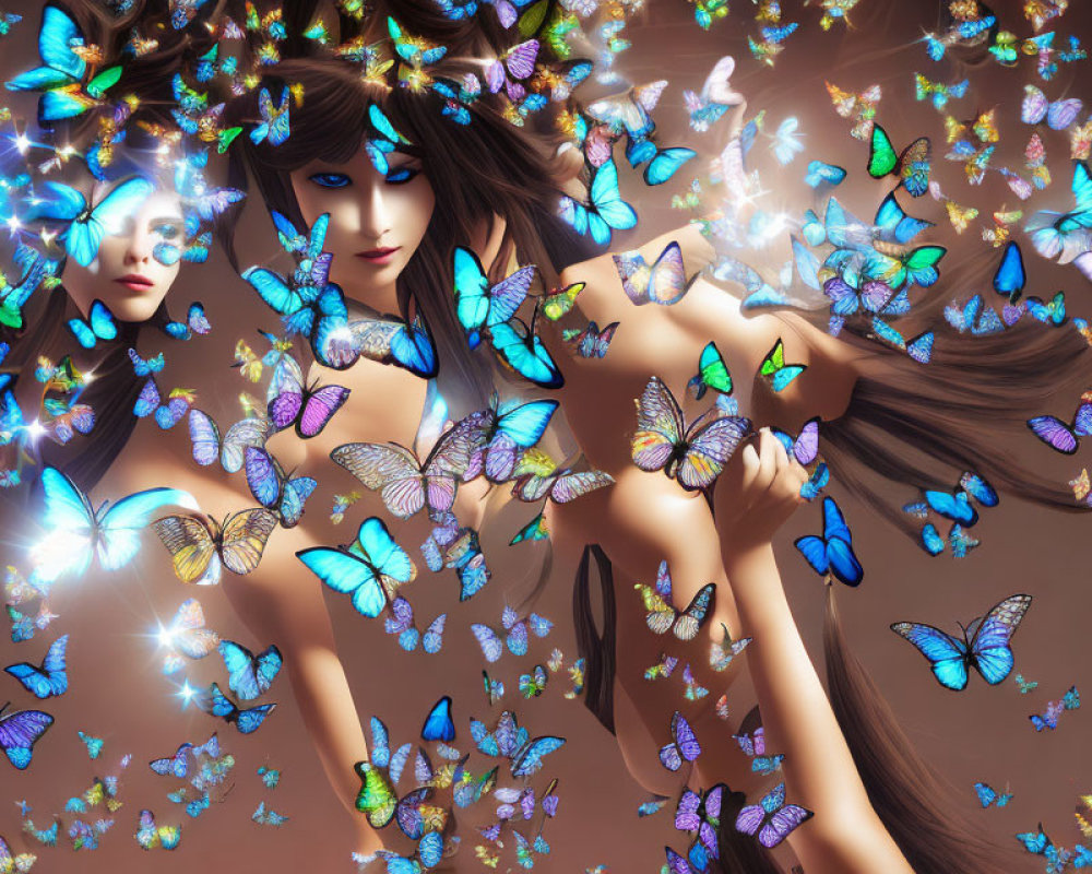 Ethereal women with blue and purple butterflies on warm brown backdrop