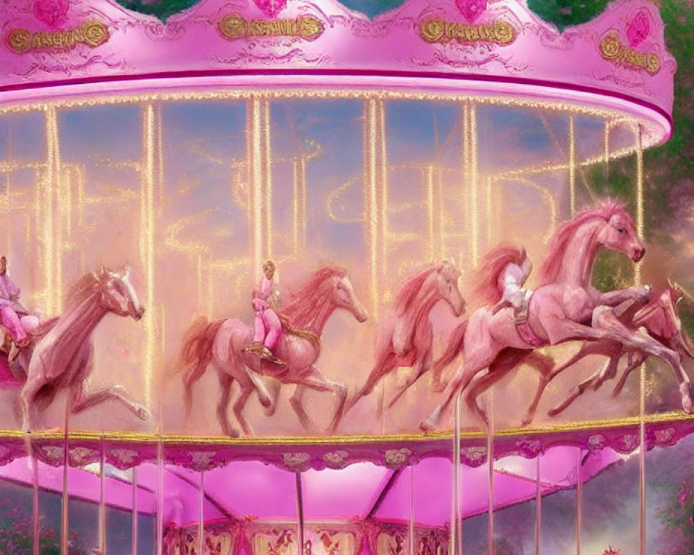 Pastel Pink Carousel with Ornate Horses in Dreamy Landscape