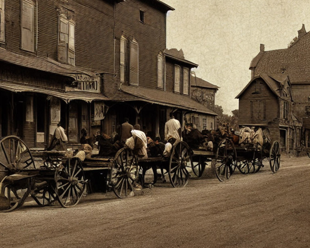 Vintage street scene with horse-drawn carts and wooden buildings in sepia tone