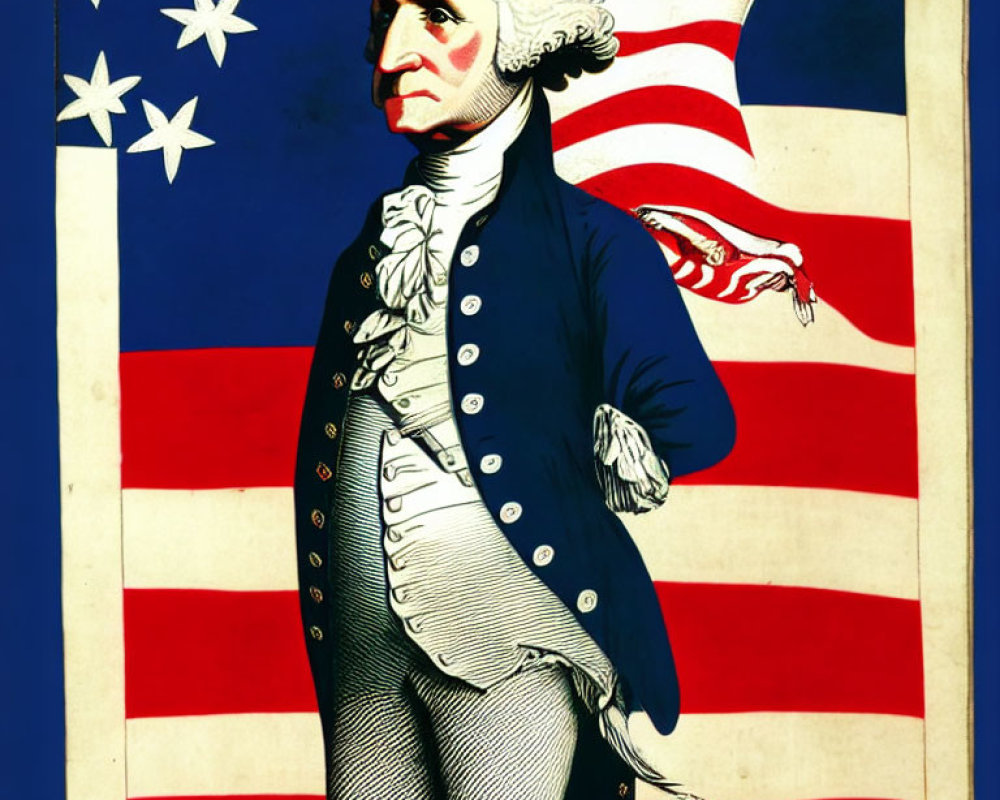 Vintage Illustration of Historical Figure in Colonial Attire with American Flag and 13 Stars
