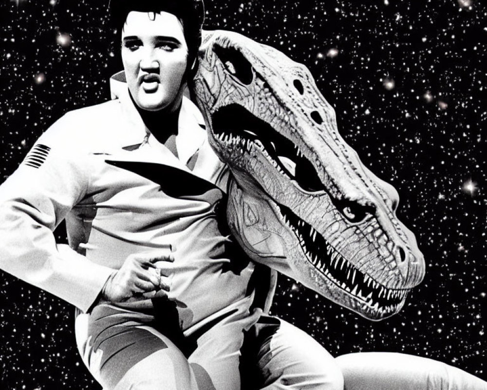 Monochrome image of person in jumpsuit with dinosaur head on starry backdrop