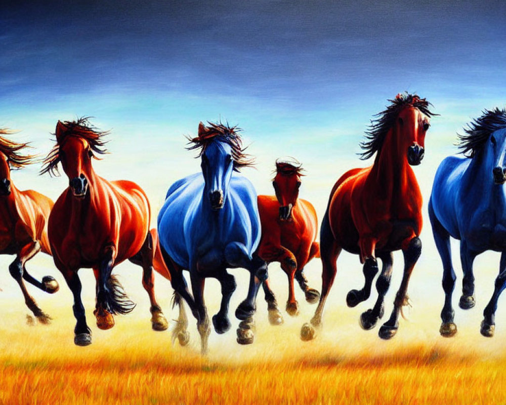 Colorful painting: Herd of horses with flowing manes in red and blue galloping under