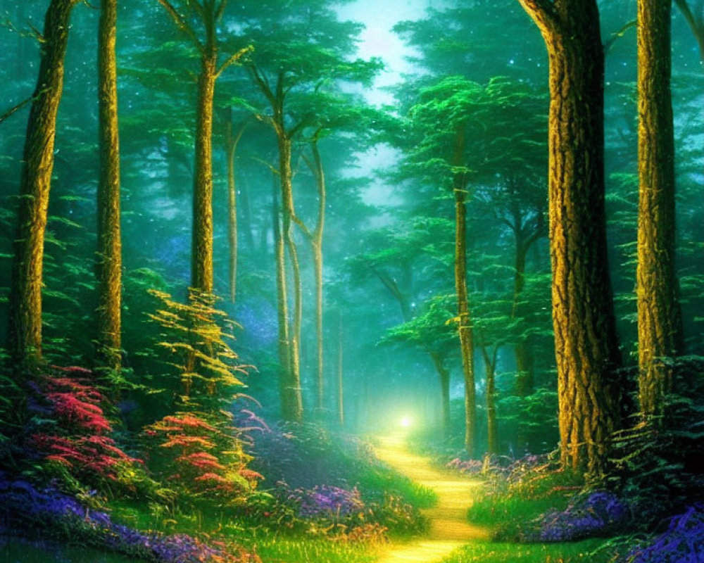 Enchanting forest scene with tall trees and colorful undergrowth