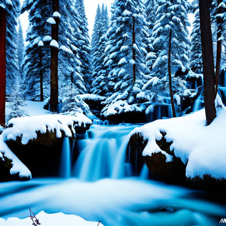 Winter landscape: Blue stream, snow-covered rocks, pine trees