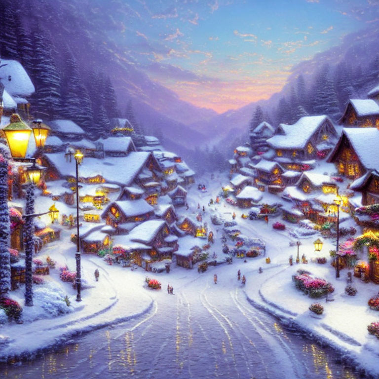Snow-covered village at dusk with holiday decorations and people walking.
