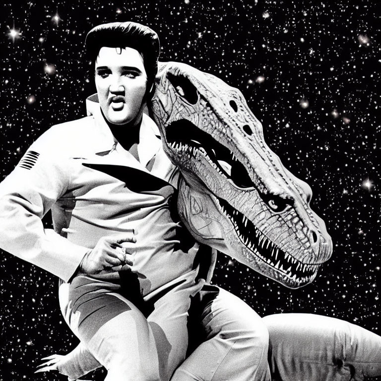 Monochrome image of person in jumpsuit with dinosaur head on starry backdrop