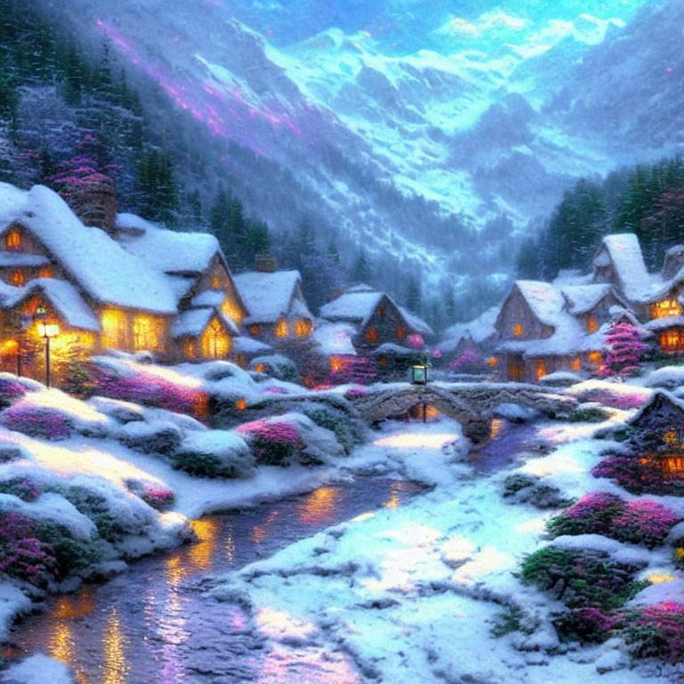 Snow-covered village with illuminated cottages by river and twilight mountains