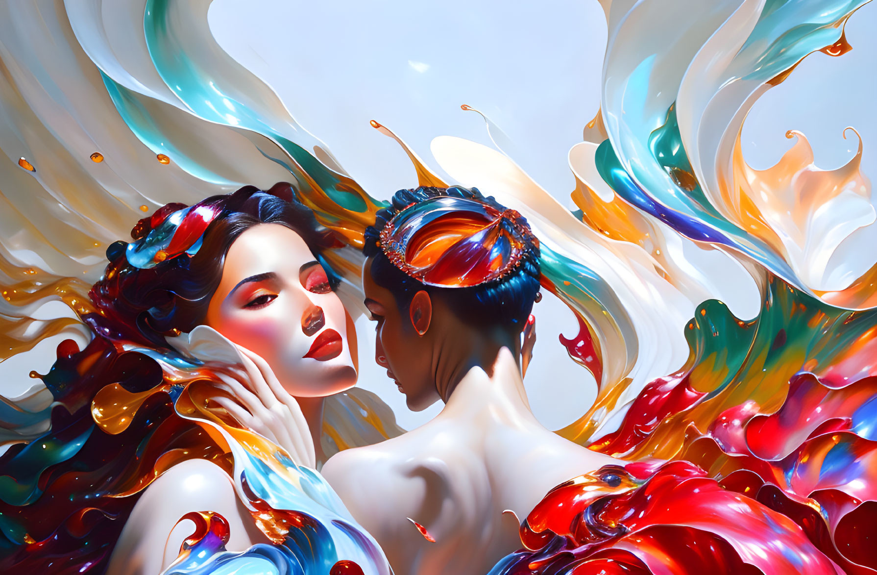 Vibrant digital art: two figures with colorful, flowing hair