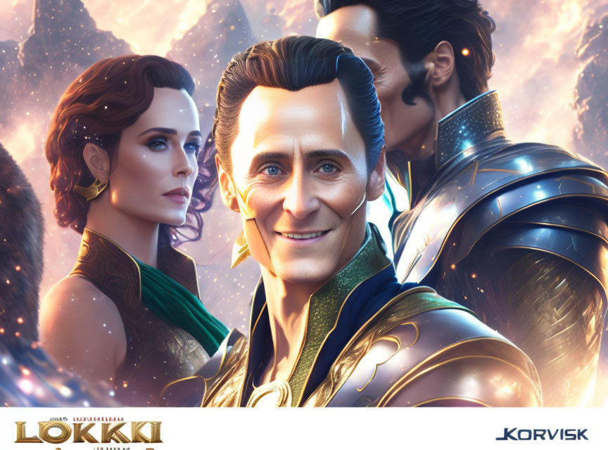 Stylized portraits of two characters in cosmic backdrop with green cloak and armor.