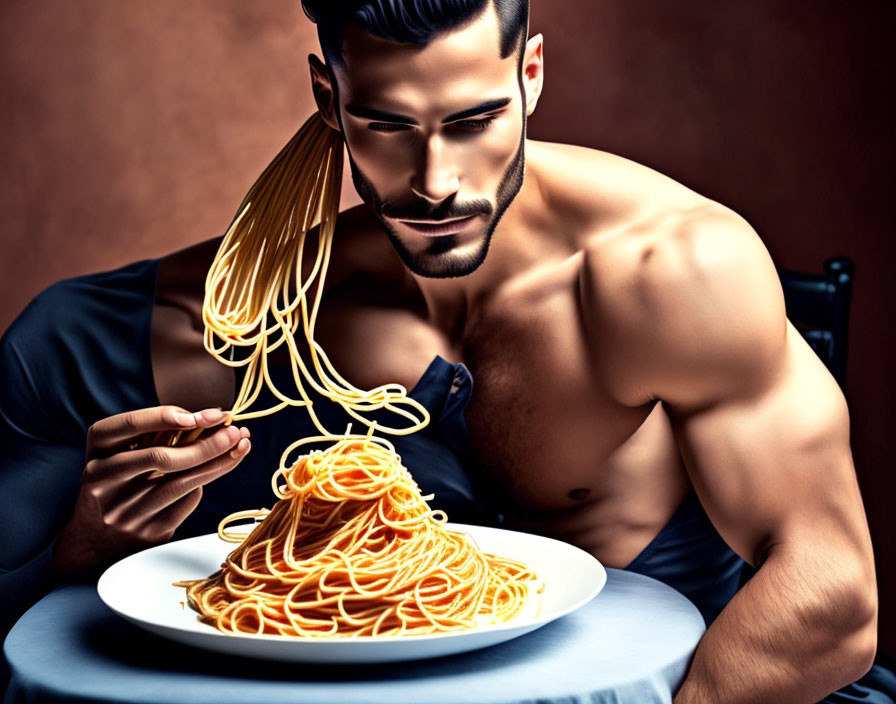Bearded man eating spaghetti with fork, muscular physique
