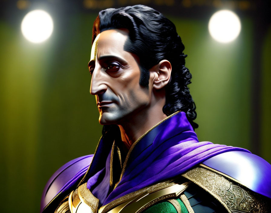 Male character figurine in regal green and gold costume with purple cape and dramatic lighting
