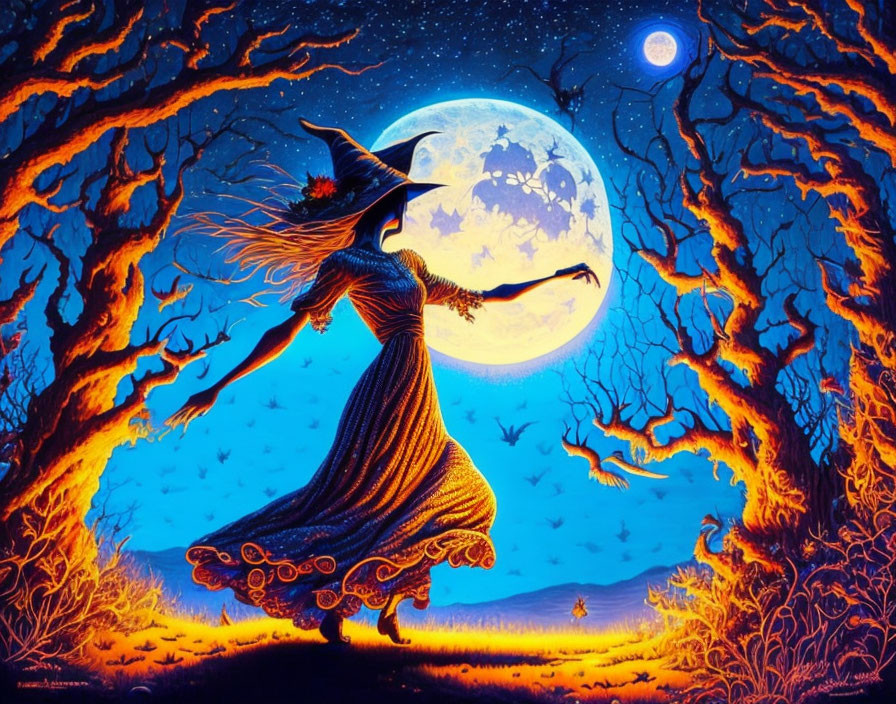 Stylized witch dancing in moonlit forest clearing