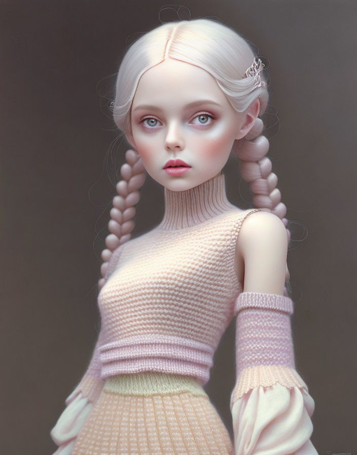 Ethereal girl with braided pigtails in pastel dress