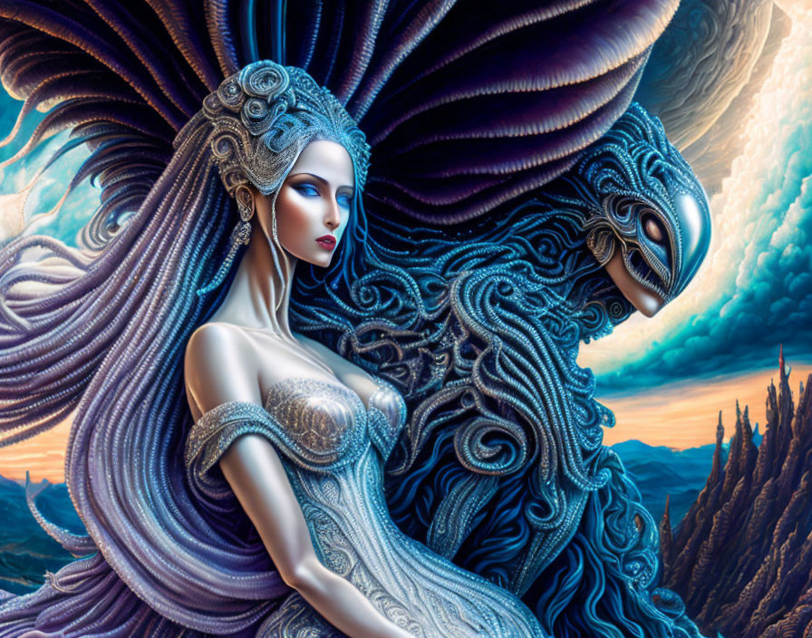 Elaborately dressed woman in fantastical landscape with swirling designs