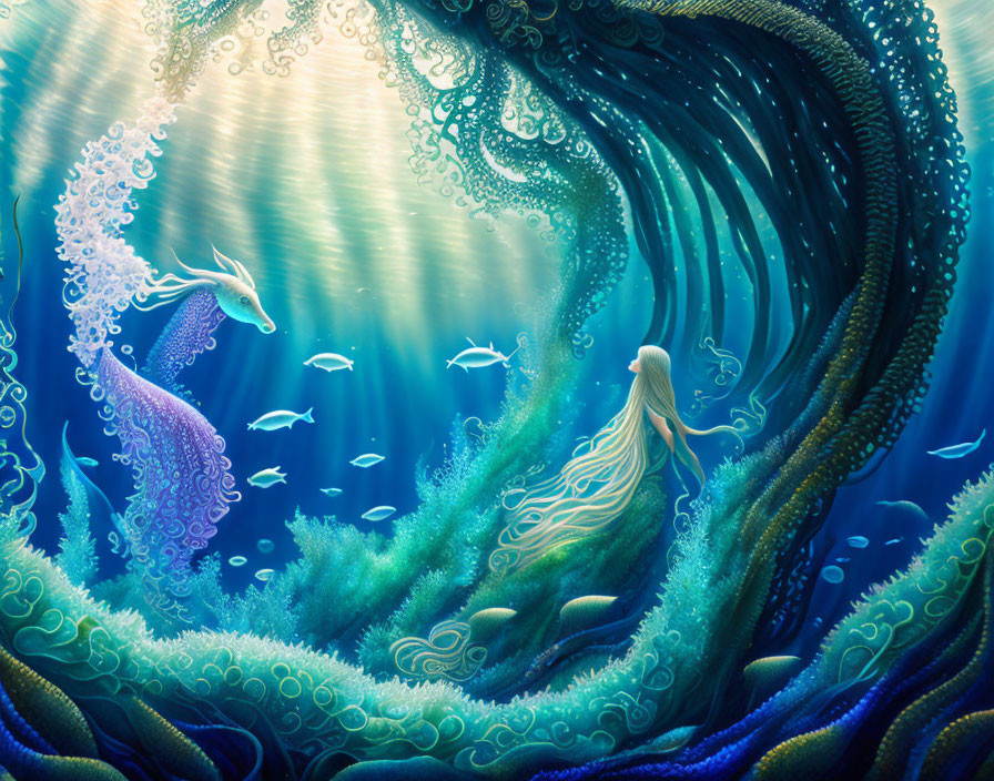 Woman in swirling kelp and marine life: Fantastical underwater scene