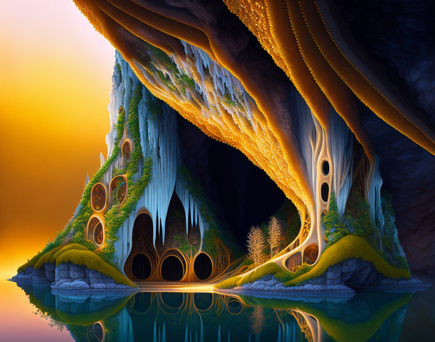 Fantastical landscape with glowing cave-like structure and intricate patterns reflected in water against orange sky
