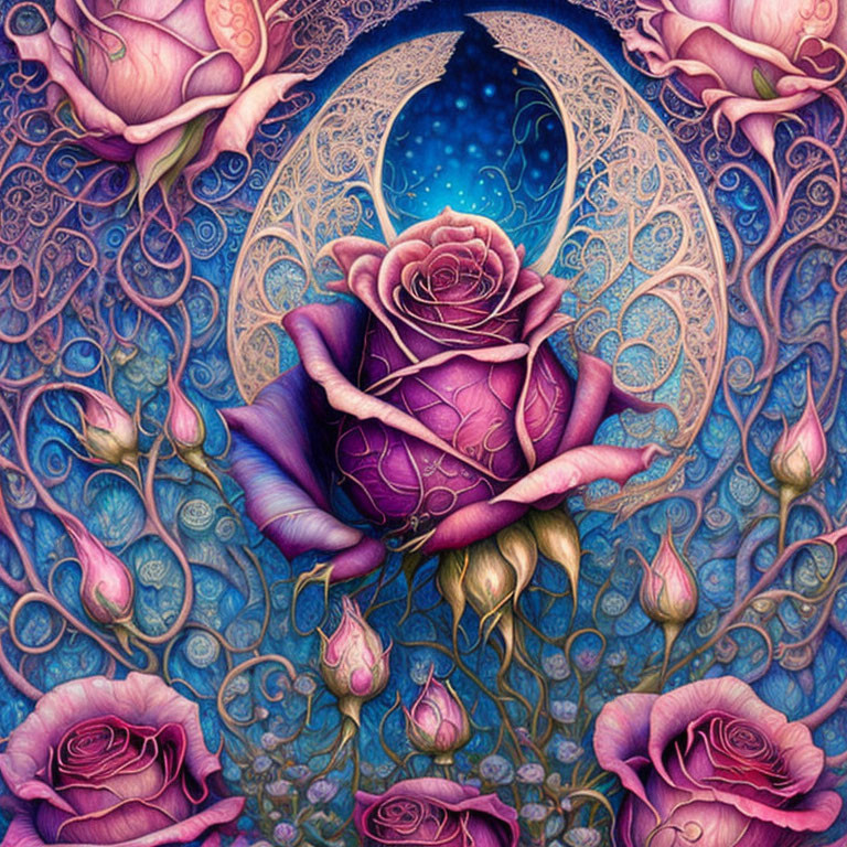 Colorful illustration of purple rose with intricate patterns on starry backdrop.