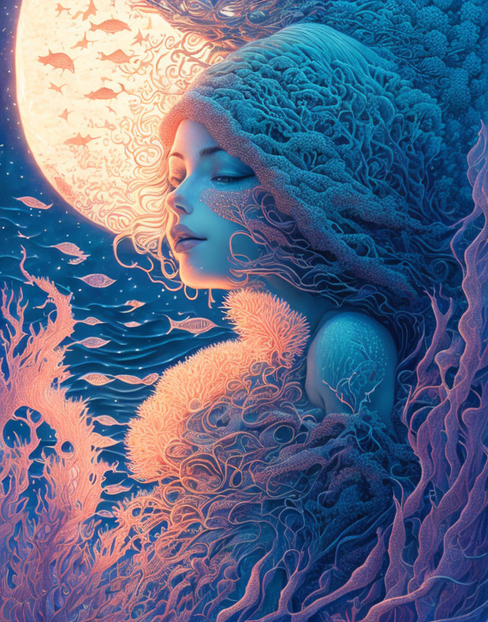 Illustration of woman merging with ocean elements under glowing moon