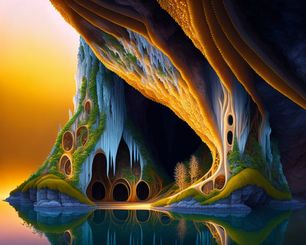Fantastical landscape with glowing cave-like structure and intricate patterns reflected in water against orange sky