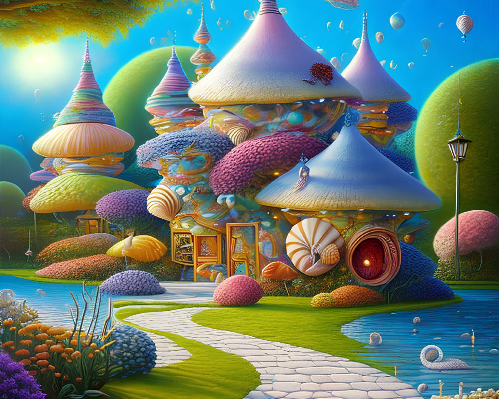 Colorful Mushroom Houses in Whimsical Fantasy Landscape