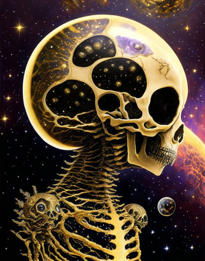 Surreal cosmic artwork: skeleton with alien-like skull on starry background