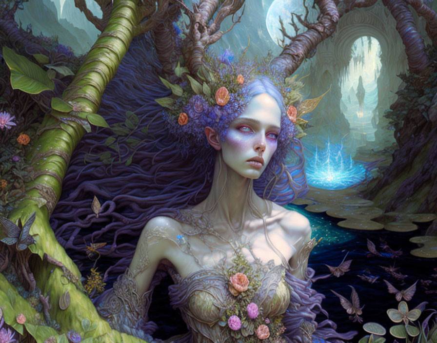 Fantasy portrait of a woman with floral elements and mystical forest background