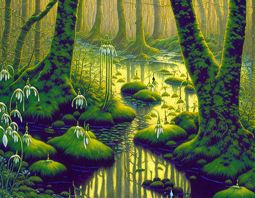 Mystical forest with tall trees, green moss, calm water, and bell-shaped plants