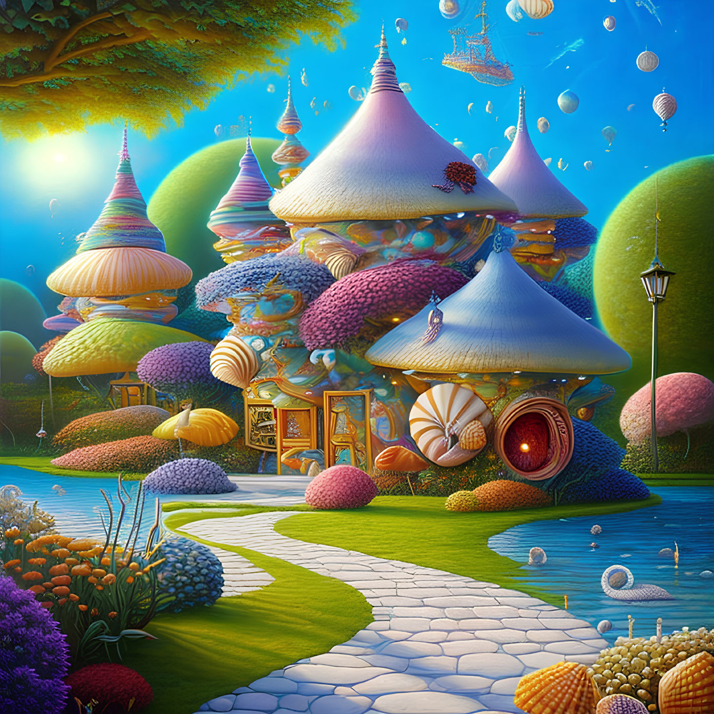 Colorful Mushroom Houses in Whimsical Fantasy Landscape
