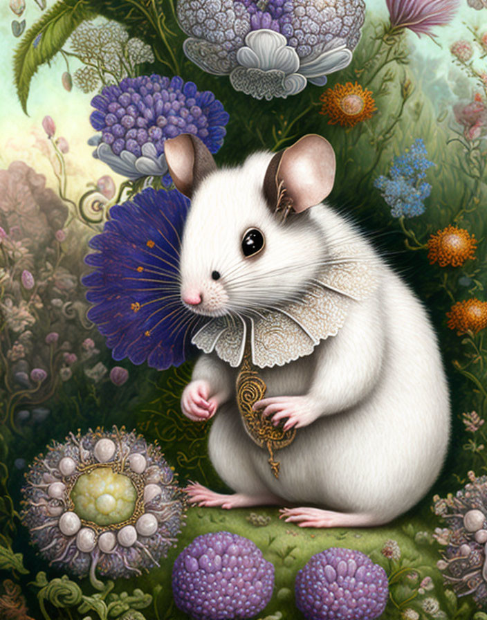 Whimsical white mouse with fairy wings and golden key in colorful floral backdrop