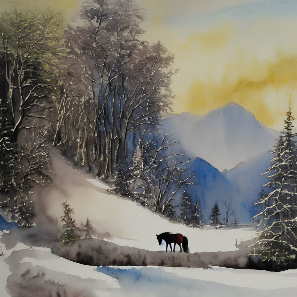 Solitary horse in snowy winter landscape with stream and mountains