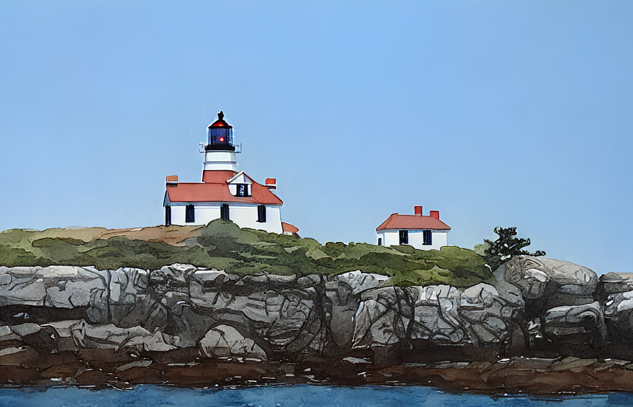 Red and white lighthouse on rocky coast under blue sky