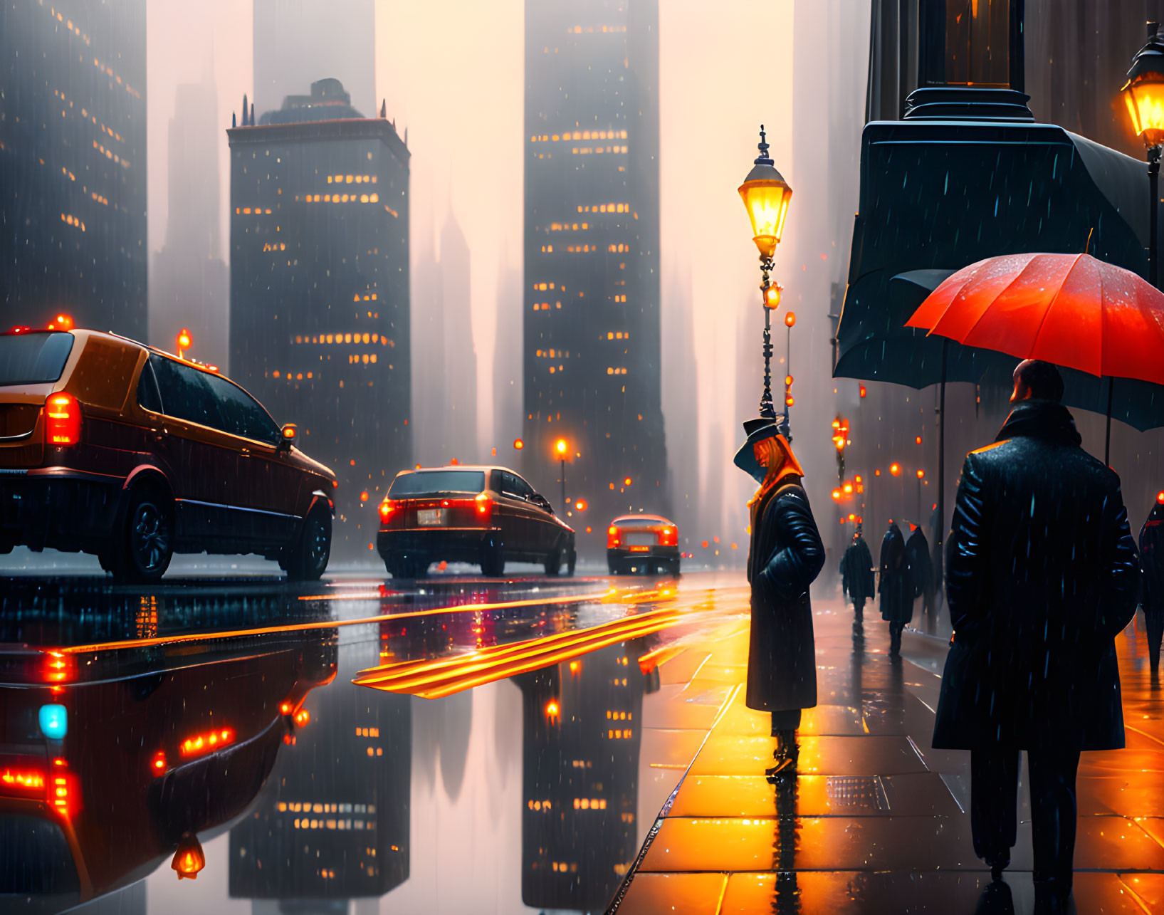 Rainy city street at dusk: Glowing street lights, wet pavement, cars, person with umbrella