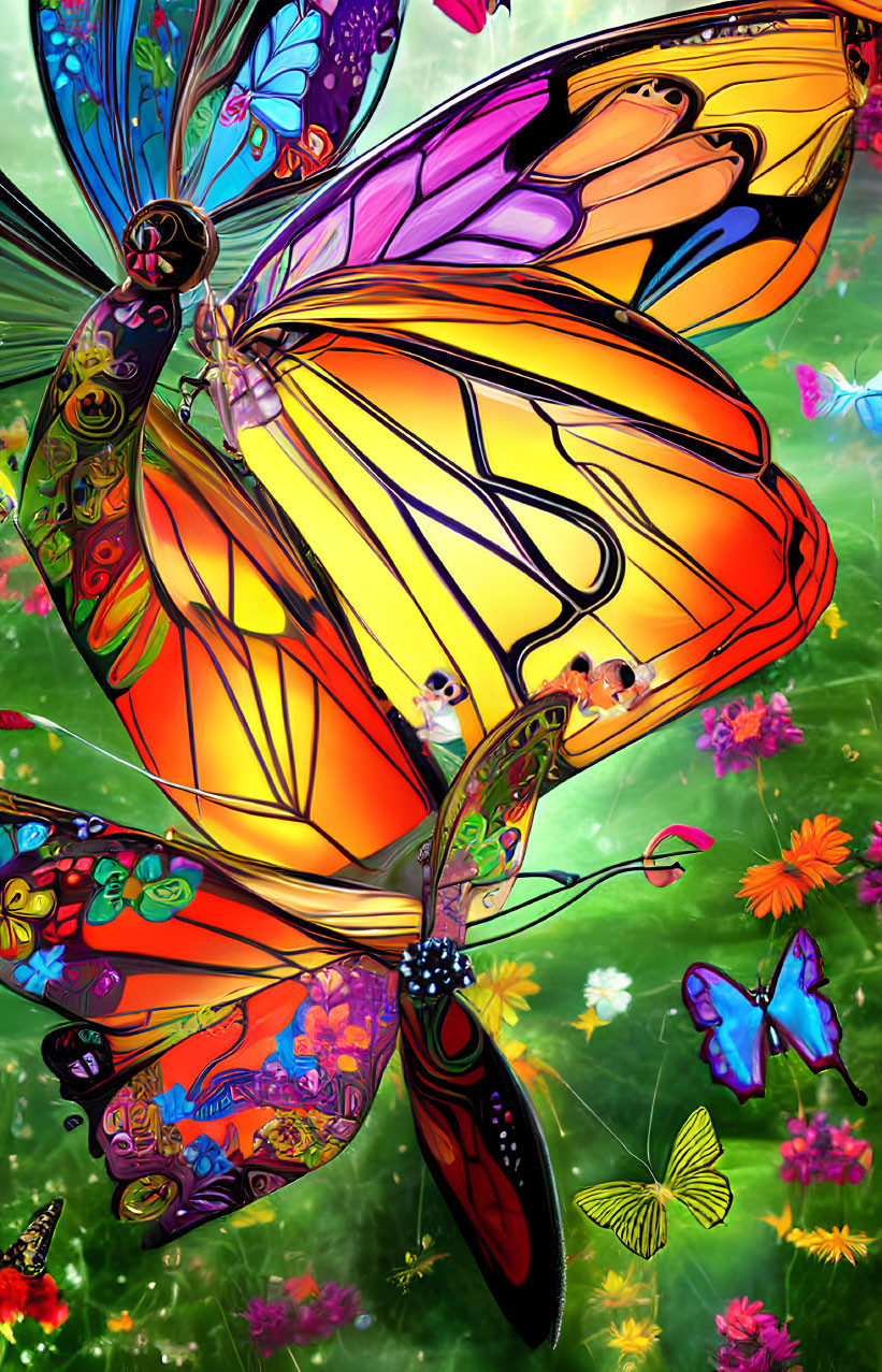 Colorful butterflies with intricate wing patterns among vibrant flowers on green background