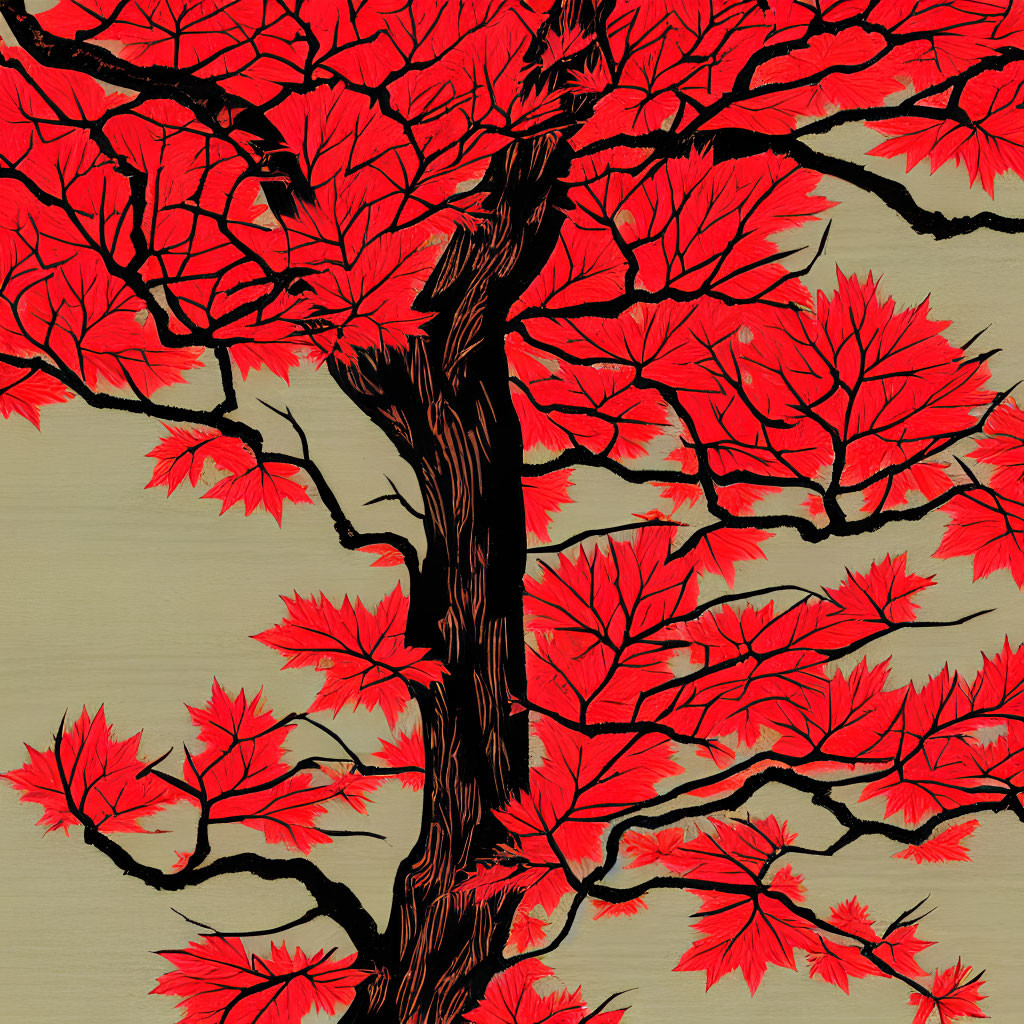 Vibrant red leaf tree illustration on textured beige background