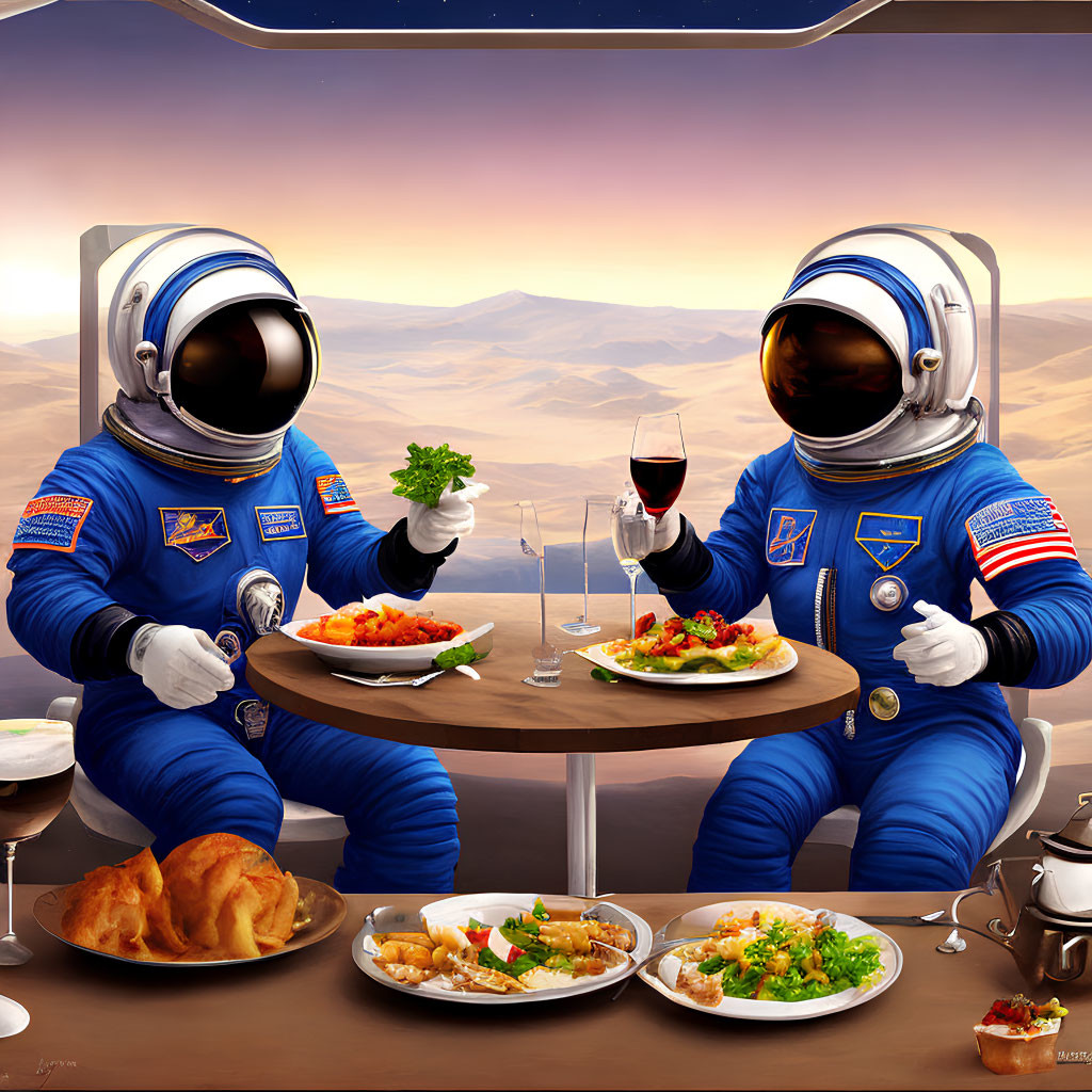 Astronauts dining on Mars with scenic landscape view