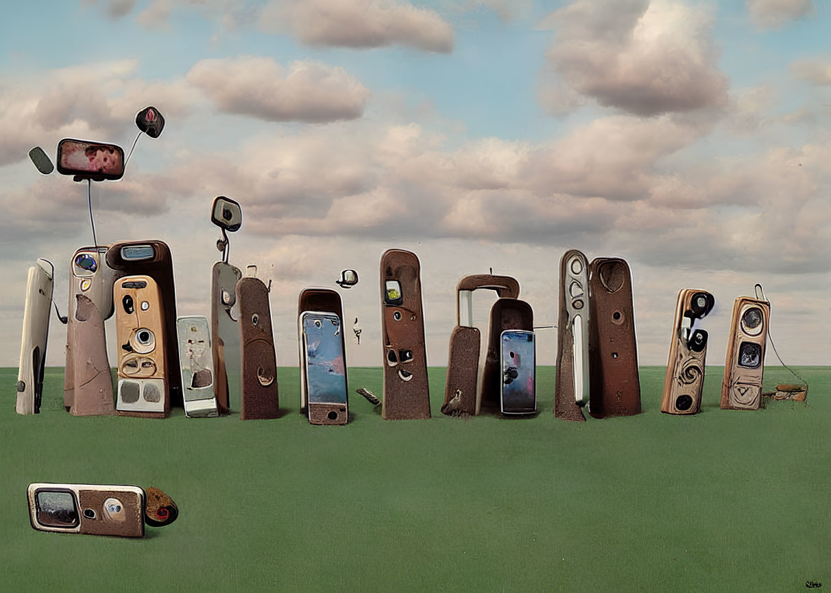 Anthropomorphized evolving phone models lineup against cloudy sky