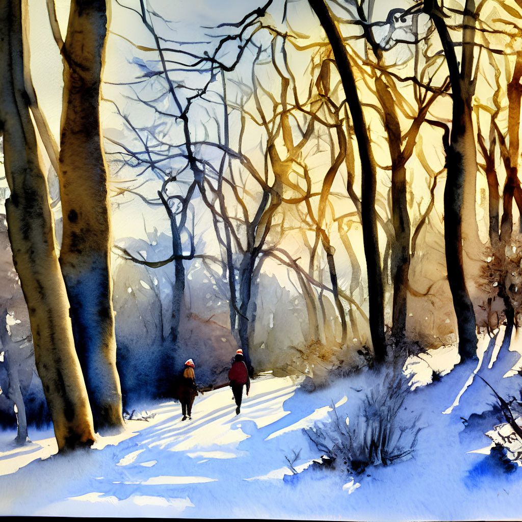 Snowy forest scene: Two people walking under warm sunlight