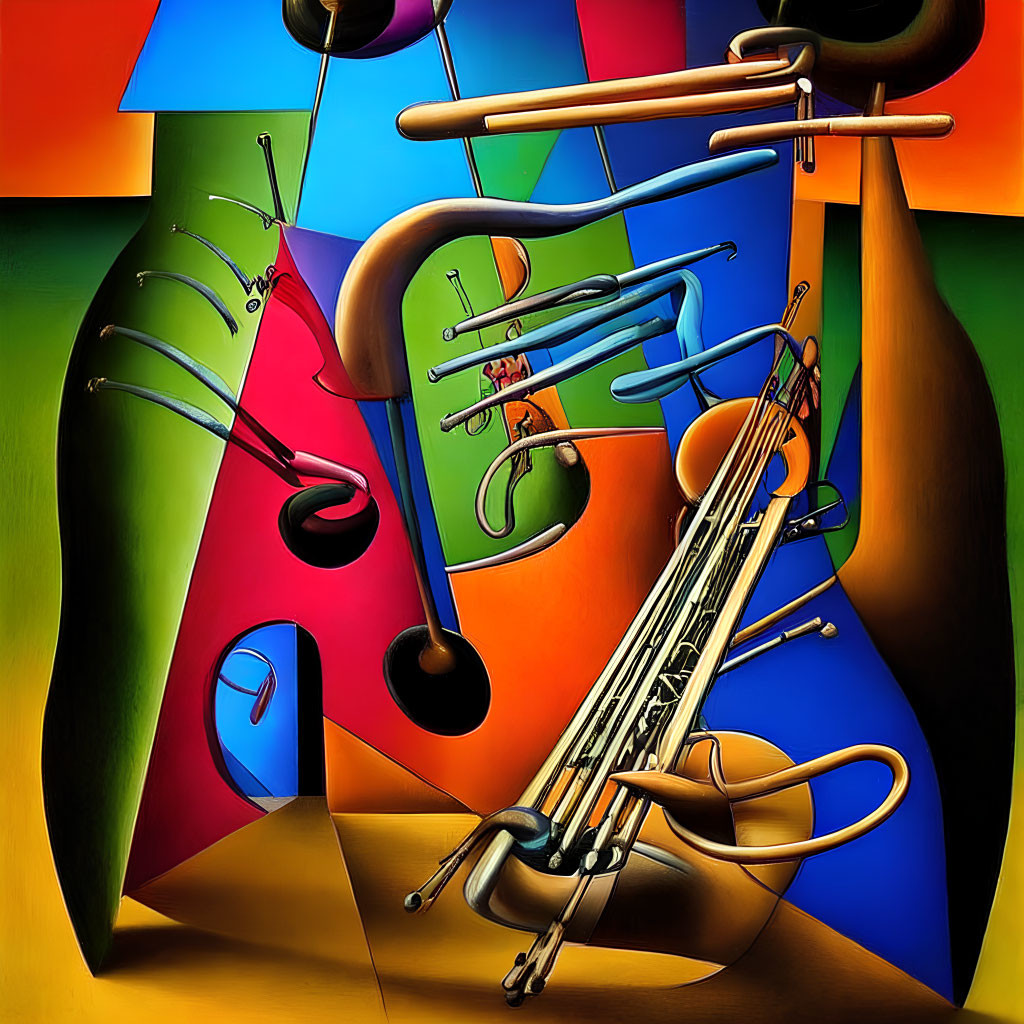 Colorful Abstract Art with Trombone-like Instruments
