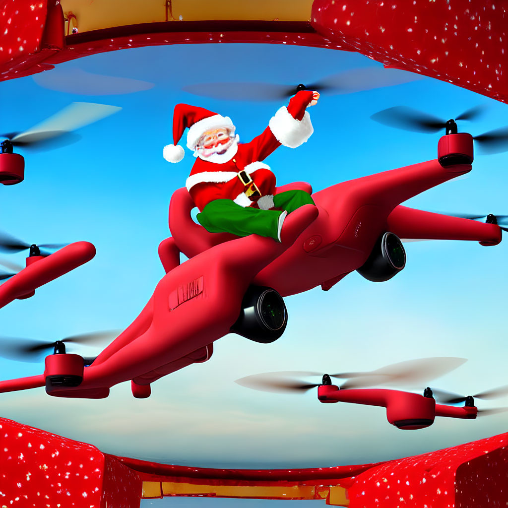 Santa Claus waving on red drone in sky.